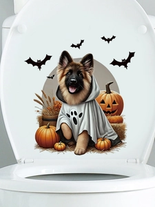 Detail of Halloween toilet lid decal featuring a cute German Shepherd ghost and pumpkins