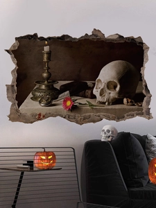 Gothic 3D wall decal featuring skeleton skull and candle holder on a cracked wall