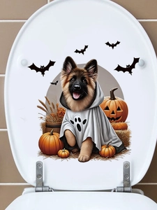 Detail of Halloween ghost dog and pumpkin sticker applied on a white toilet lid