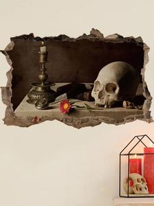 3D wall sticker with realistic skull, brass candlestick and retro books in cracked wall
