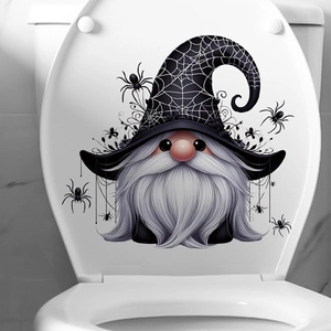 Halloween gnome toilet lid decal with spider webs and white beard for bathroom decor