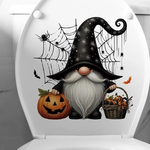 Halloween toilet seat sticker featuring a gnome with spider web hat and pumpkins