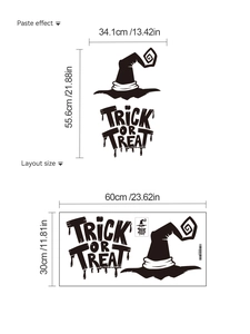 Detail of Halloween witch hat wall decal with Trick or Treat text and dimensions