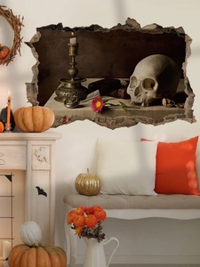 3D wall sticker featuring memento mori skull and candle on a broken brick background
