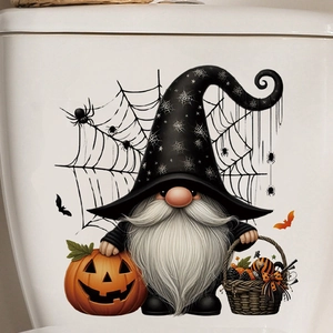 Halloween Gnome Wall Decal with Black Wizard Hat and Pumpkin Lantern on White Toilet
