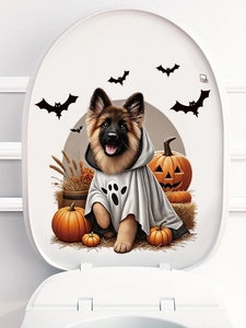 Detail of Halloween toilet lid sticker featuring ghost dog pumpkin and bats decor