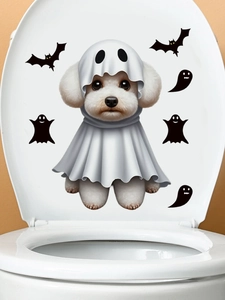Detail of Halloween ghost puppy toilet lid sticker with bats and spooky wall decals