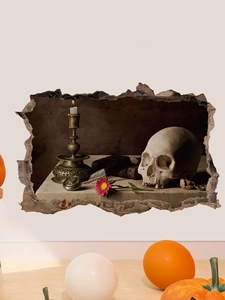 3D wall sticker featuring a skull and gothic candle holder breaking through a white wall