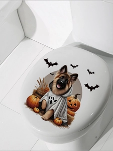 Detail of Halloween toilet sticker featuring German Shepherd in ghost costume with pumpkins