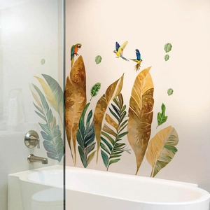 Tropische Wandaufkleber mit Aquarellblättern und bunten Papageien für die Wohndeko