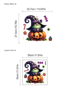Dettagli adesivi Halloween con gnomo e zucca che mostrano dimensioni del layout e posa