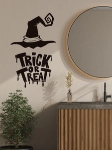 Black silhouette witch hat and Trick or Treat Halloween wall sticker on room wall