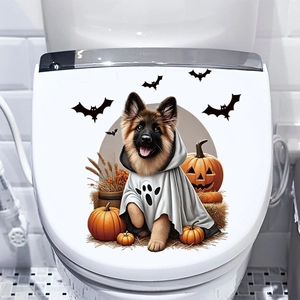 Halloween toilet lid sticker featuring a German Shepherd in ghost cloak and orange pumpkins