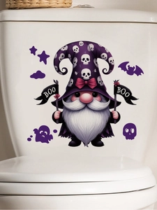Halloween gnome wall sticker with purple wizard hat and BOO flags on a white toilet tank