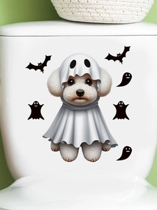 Detail of cute ghost dog and black bats self-adhesive toilet stickers for Halloween