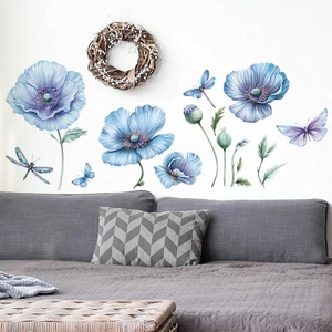 Adesivi murali con papaveri blu, libellule e farfalle per decorazione del soggiorno