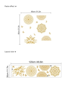 Detailed size guide of golden mandala wall sticker with layout and layout dimensions