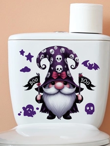 Detail of Halloween gnome toilet sticker with purple skull hat and BOO banner