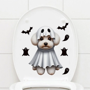 Cute Halloween puppy ghost toilet sticker with 3D bats and spirit decorative decals