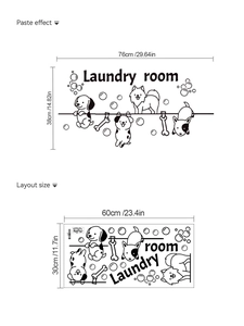 Detail view of laundry wall sticker showing puppy design and layout size measurements