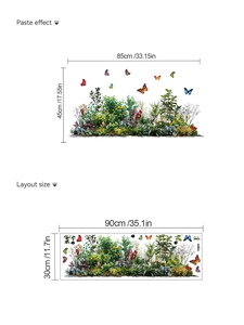 Wandtattoo Garten-Motiv mit grünen Blättern und Schmetterlingen Maße und Layout-Details