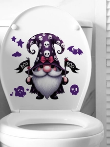 Halloween gnome toilet lid sticker with purple hat and white beard featuring BOO flags