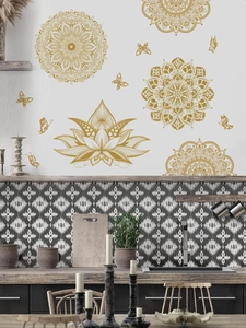 Detailed golden mandala and lotus flower wall stickers in a modern kitchen setting