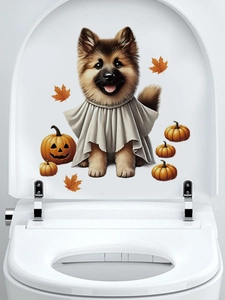 Detail of Halloween toilet sticker featuring a ghost dog and pumpkin on a white lid
