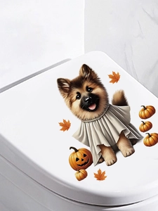 Detail of Halloween toilet sticker featuring a ghost dog puppy and pumpkin decals
