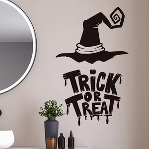 Halloween black witch hat and Trick or Treat phrase vinyl wall sticker for home decor