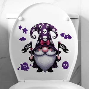Halloween Gnome Toilet Sticker PVC Waterproof Purple Wizard Hat Skeleton Ghost Bat Wall Decal Bathroom Home Decoration