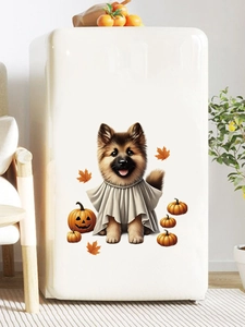 Ghost dog and pumpkin Halloween sticker shown on a white vintage refrigerator door