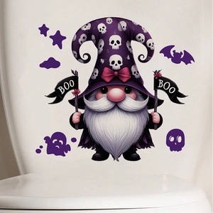 Halloween gnome wall sticker with purple skull hat and BOO flags for home bathroom decor