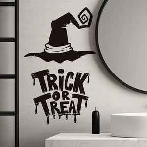 Halloween black wizard hat and Trick or Treat wall decals for modern living room decor