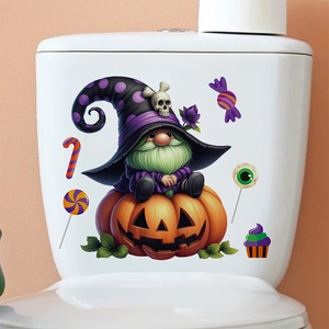 Adesivo per Toilette Gnomo di Halloween su Zucca Impermeabile in PVC Decalcomania da Parete per Bagno Decorazione Festiva
