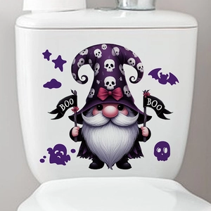 Halloween gnome toilet sticker with purple skull hat and white beard on a white tank