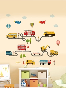 Adesivi murali trasporti a fumetti con scuolabus e segnali stradali per bambini