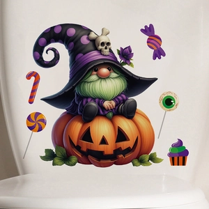 Adesivo per WC con gnomo di Halloween su zucca con caramelle e motivi decorativi di occhi
