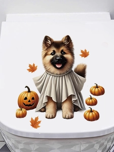 Halloween toilet seat sticker featuring a cute dog in cape with pumpkins and fall maple leaves