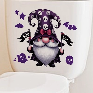 Halloween gnome toilet sticker with purple skull hat and BOO flags for home bathroom decor