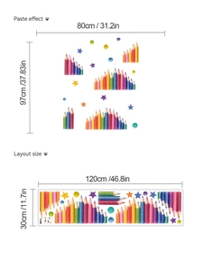 Detail showing layout dimensions and colorful pencil wall decals for home decor
