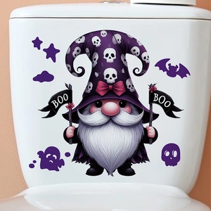 Halloween gnome toilet sticker featuring a purple skull hat and white beard decoration