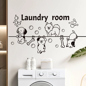 Laundry Room Wall Sticker Cartoon Dog Bubbles PVC Removable Black Art Lettering Decal For Laundry Room Home Decor