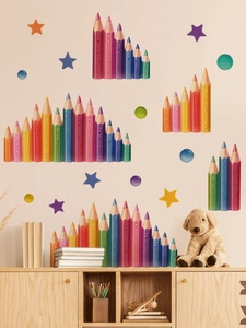 Close-up of colorful pencil wall stickers with stars on a pink wall for kids rooms
