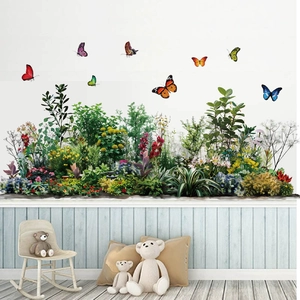 Wandsticker-Set mit grünen Pflanzen, bunten Blumen und Schmetterlingen Deko