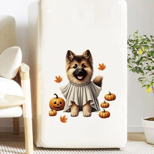 Halloween German Shepherd puppy with pumpkins and autumn leaves wall sticker on white fridge