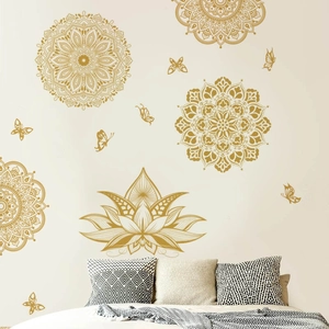 Golden mandala wall stickers with lotus and butterfly patterns for home decoration