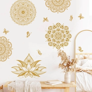 Golden mandala wall stickers with lotus and butterflies for living room decoration