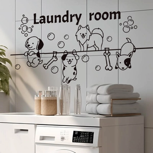 Black laundry room wall stickers with cartoon dogs and bubbles on white tile wall