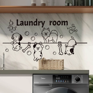 Minimalist Laundry Room wall stickers featuring cute cartoon dogs and artistic lettering